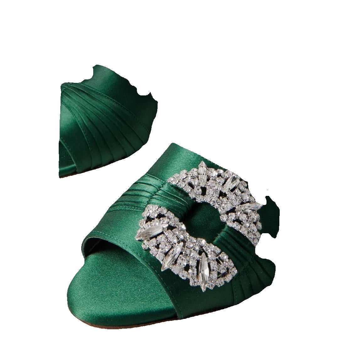 MANOLO BLAHNIK CRYSTAL-EMBELLISHED SATIN MULES GREEN