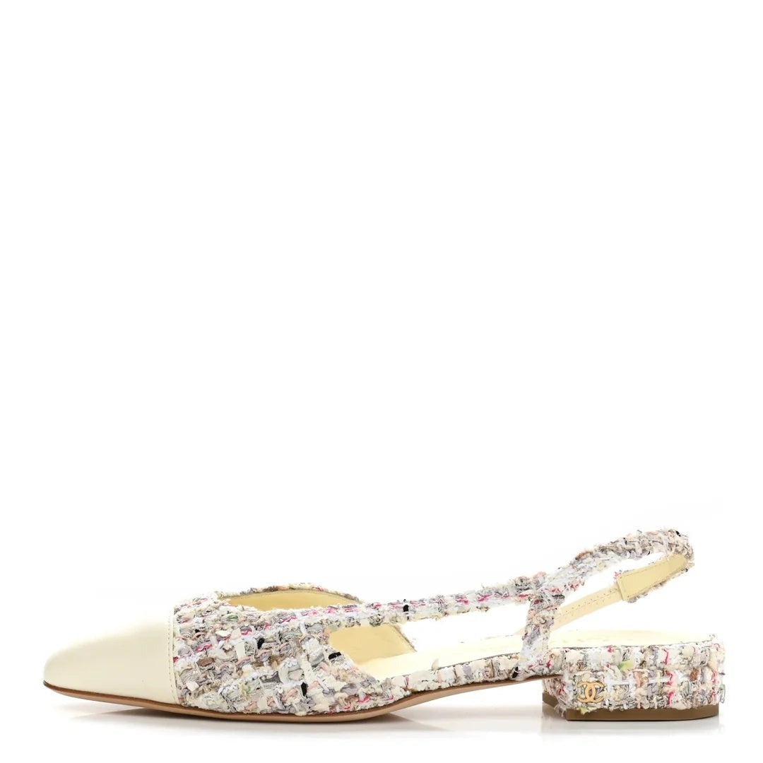 CHANEL TWEED GROSGRAIN CAP TOE CC SLINGBACK FLAT PINK WHITE & MULTICOLOR TWEED