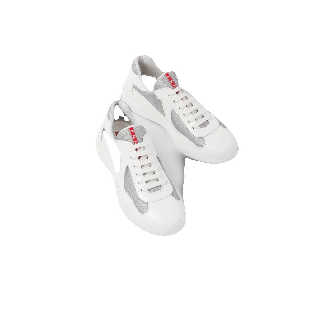 PRADA PATENT-LEATHER AND TECHNICAL-FABRIC AMERICA'S CUP SNEAKERS WHITE