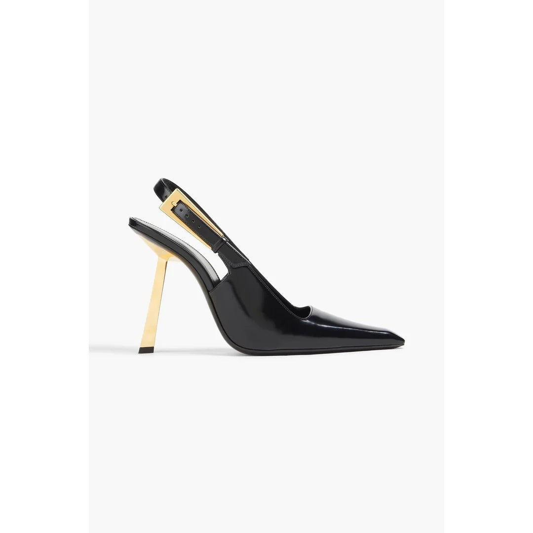 SAINT LAURENT P.A.R.I.S. SLINGBACK PUMPS MARRON GLACE SILVER & BLACK