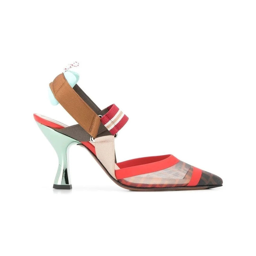 FENDI 85MM COLIBRÌ MIXED-MEDIA ICONIC SLINGBACK PUMPS RED & BROWN