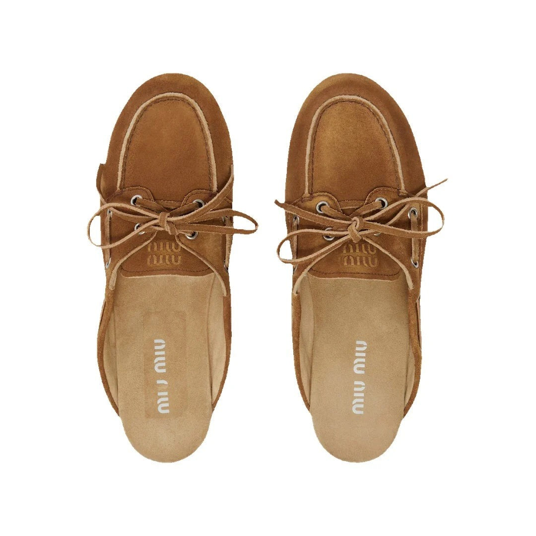 MIU MIU FOULE LEATHER MULES TAN SUEDE