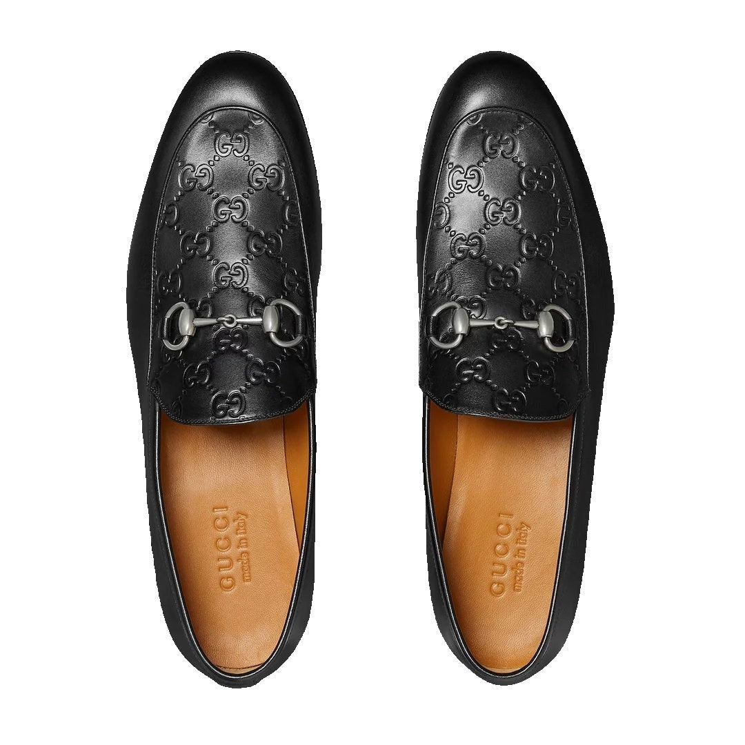 GUCCI COMO LOAFER, LEATHER BLACK GG EMBOSSED WITH HORSEBIT