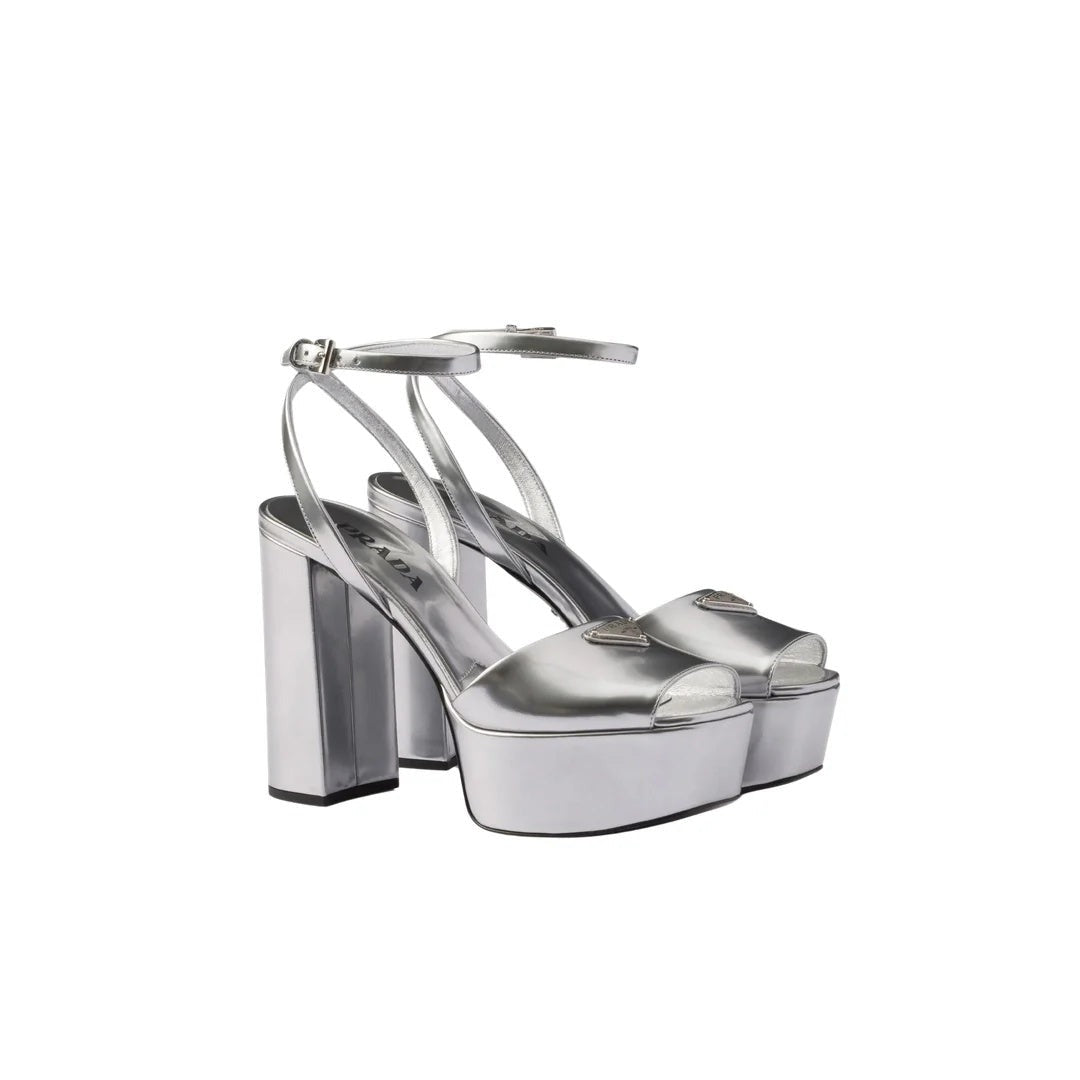PRADA LEATHER METALLIC SANDALS SILVER PLATFORM HEELS