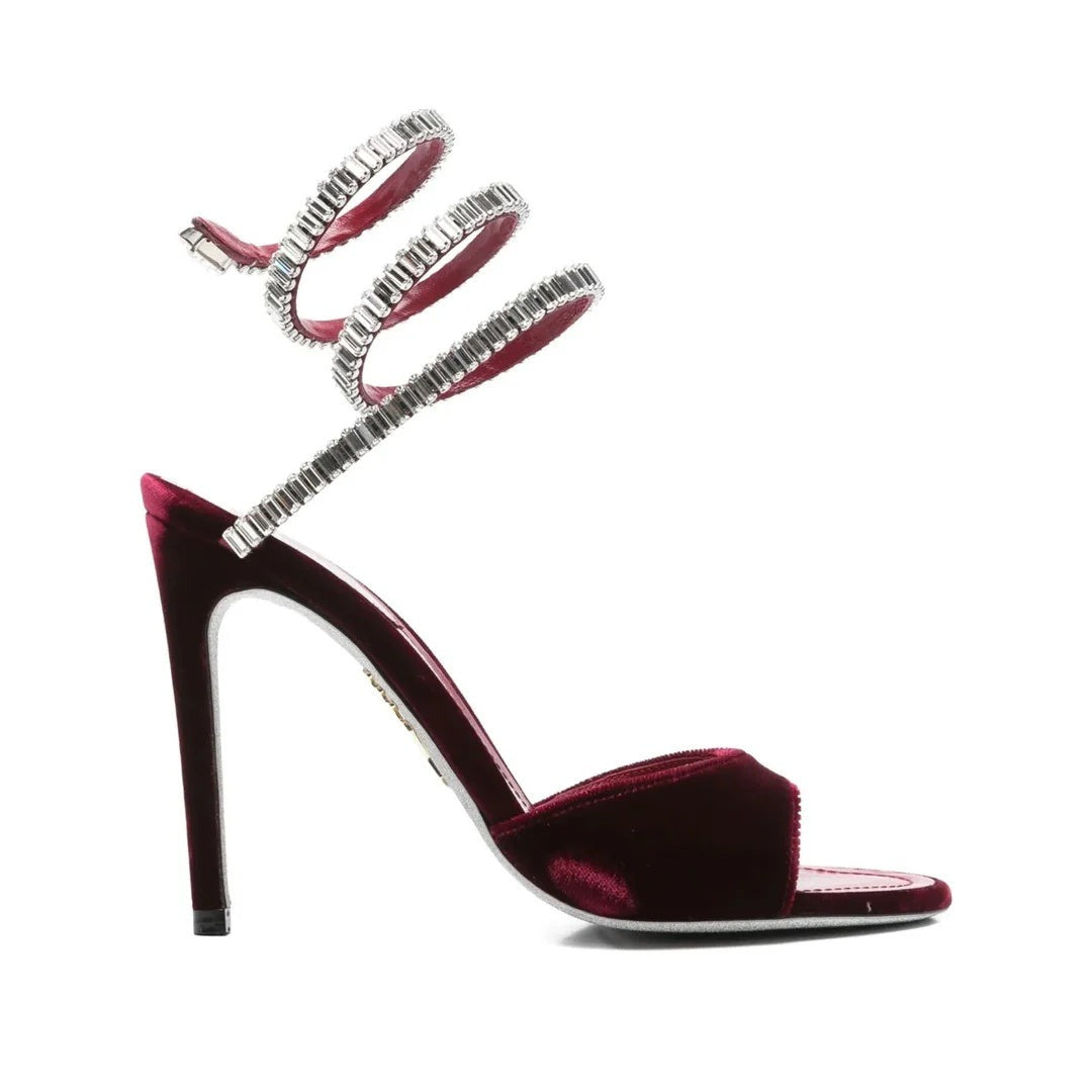 RENÉ CAOVILLA CLEO 105MM BAGUETTE CRYSTAL SATIN SNAKE-WRAP SANDAL BURGUNDY