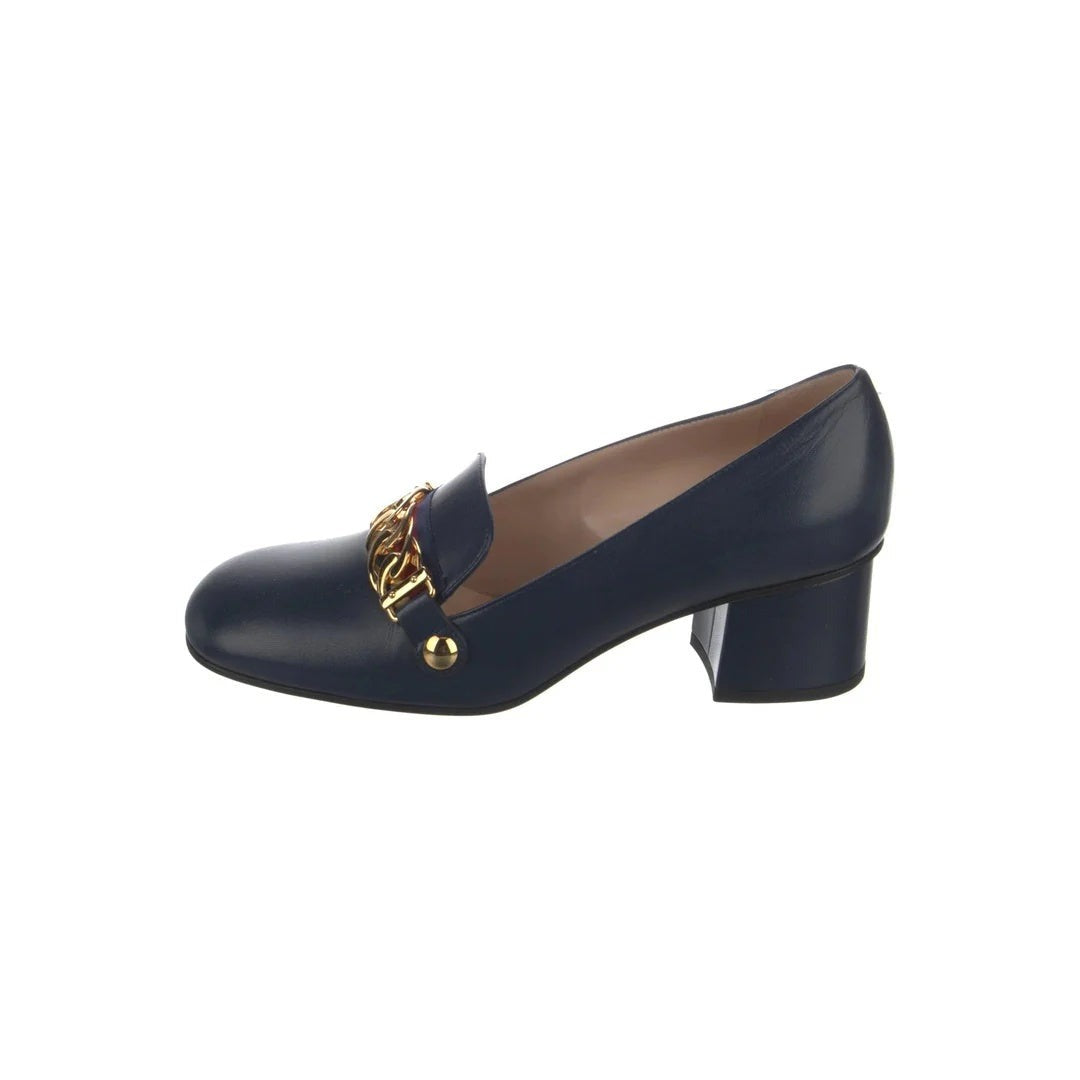 GUCCI SYLVIE WEB MID HEEL SLINGBACK PUMPS NAVY