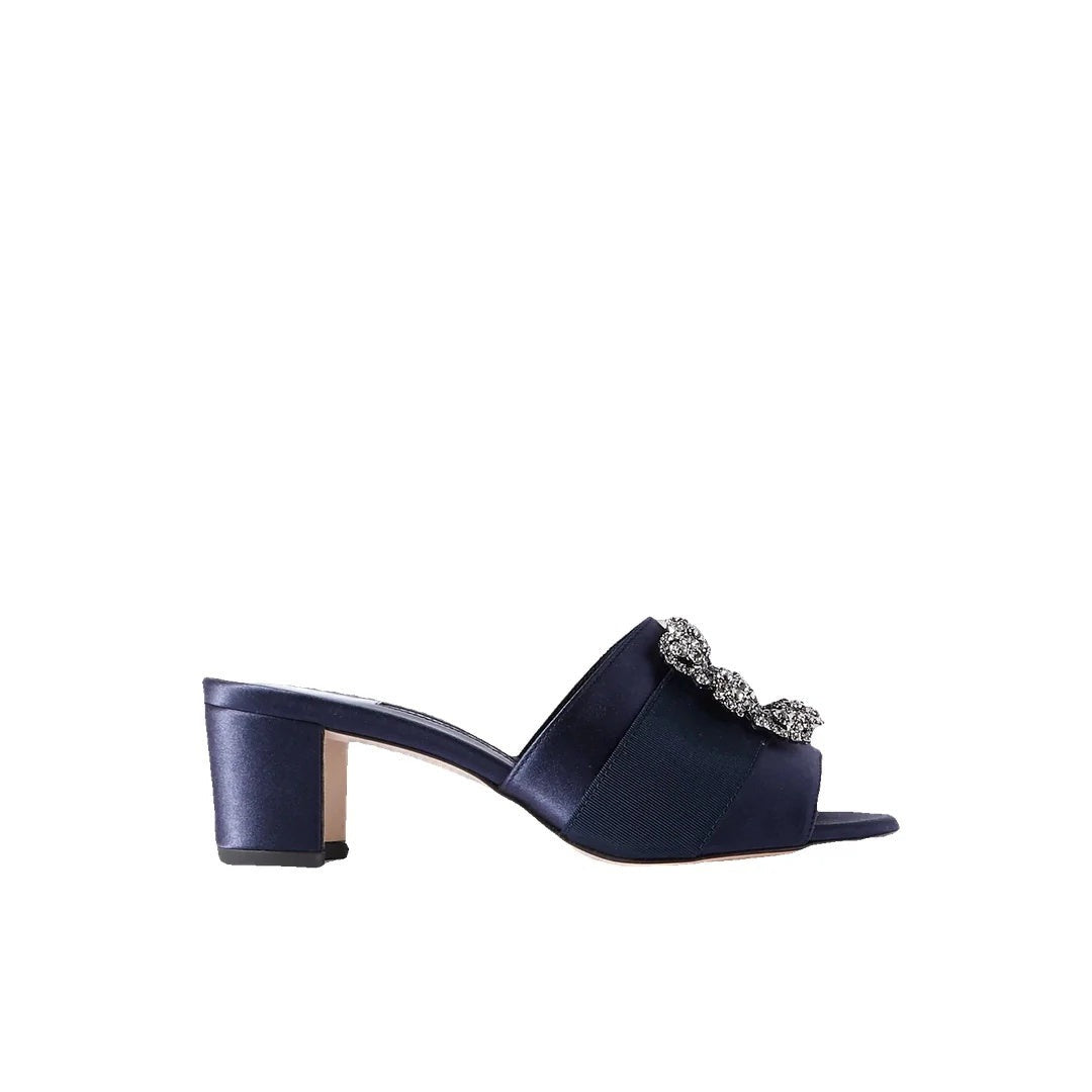 MANOLO BLAHNIK MARTANEW SATIN MULES WITH CRYSTAL BUCKLE NAVY