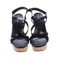 PRADA PATENT LEATHER WEDGE SANDALS BLACK (CORK WEDGE, STRAPPY VARIANT)