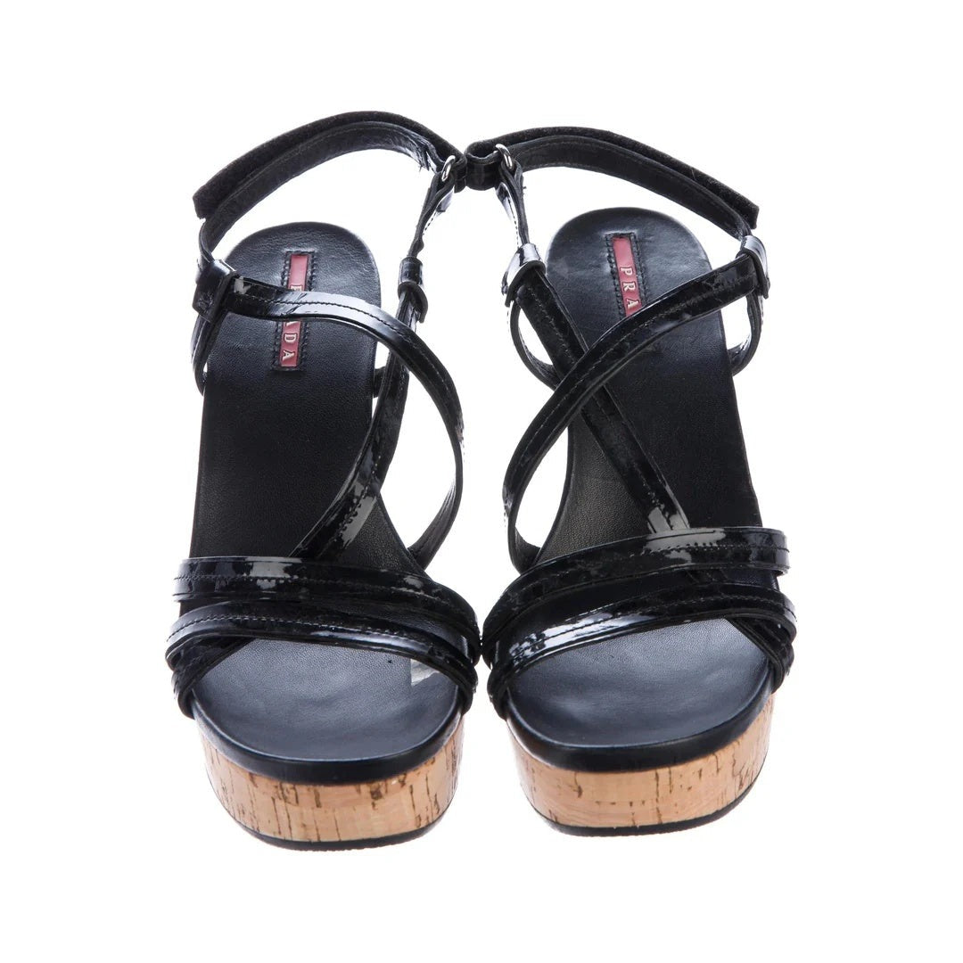 PRADA PATENT LEATHER WEDGE SANDALS BLACK (CORK WEDGE, STRAPPY VARIANT)