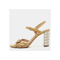 MIU MIU PATENT CRYSTAL EMBELLISHED ANKLE STRAP SANDAL TAN & CAMEL