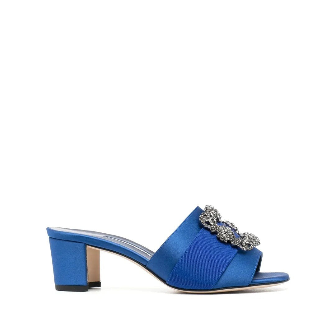 MANOLO BLAHNIK MARTANEW SATIN MULES WITH CRYSTAL BUCKLE BLUE