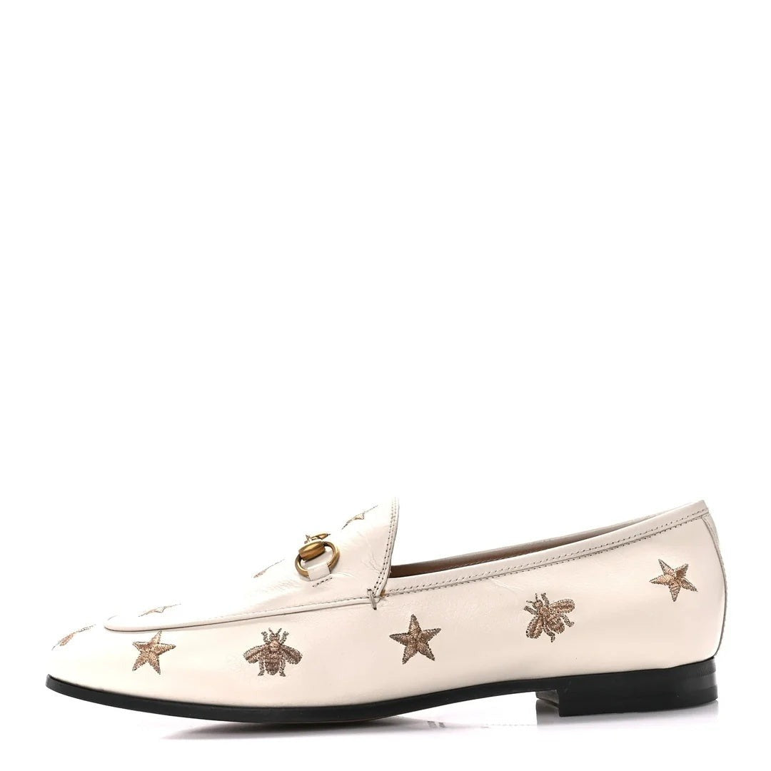 GUCCI GOATSKIN BEE STAR EMBROIDERED JORDAAN LOAFERS WHITE & IVORY