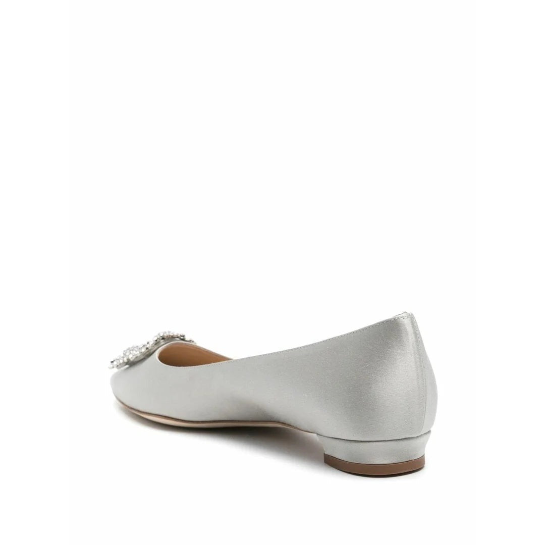 MANOLO BLAHNIK HANGISI FLAT CRYSTAL-BUCKLE BALLET FLATS SILVER & GREY