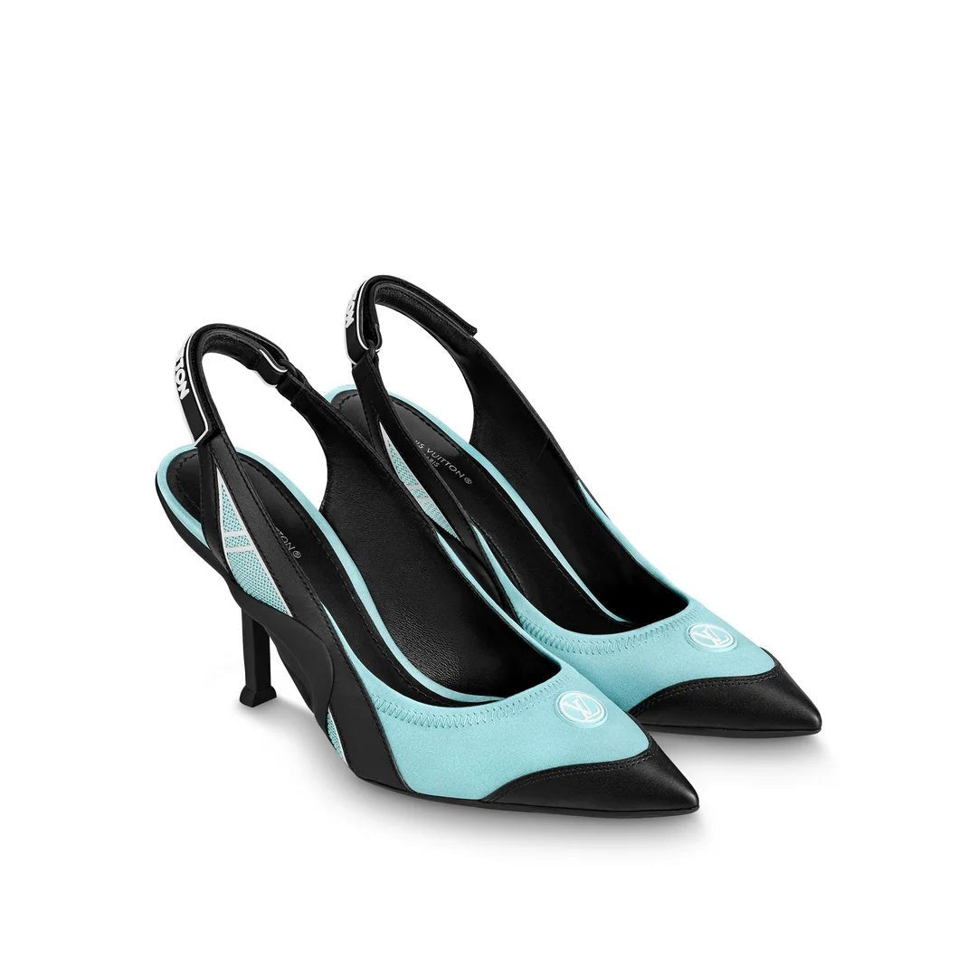 LOUIS VUITTON SATIN CRYSTAL BLOSSOM SLINGBACK PUMP BLUE & BLACK