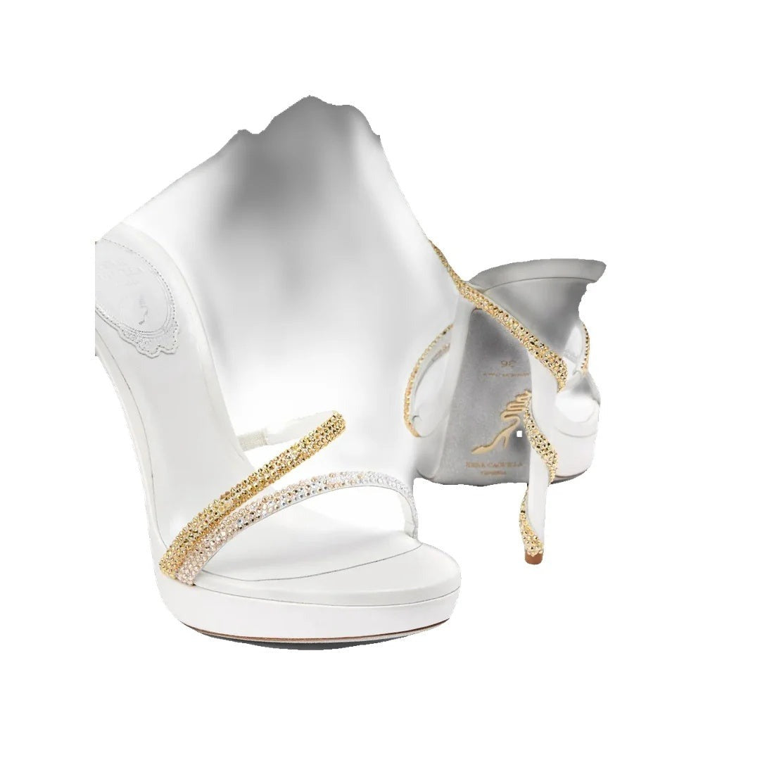 RENÉ CAOVILLA MARGOT CHAMPAGNE SANDAL WITH BUTTERFLIES WHITE & GOLD