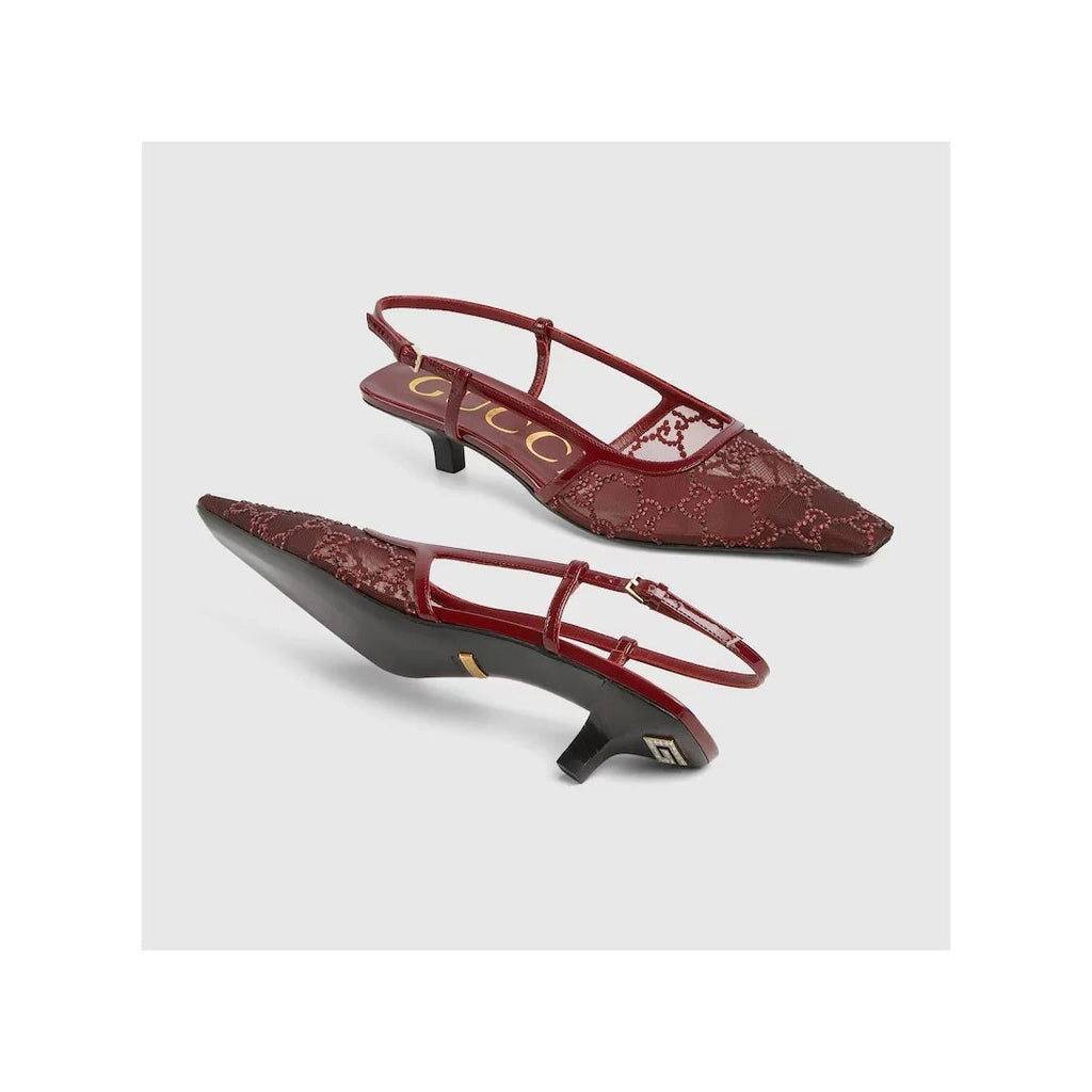 GUCCI CRYSTAL GG MONOGRAM SLINGBACK PUMPS BURGUNDY & RED