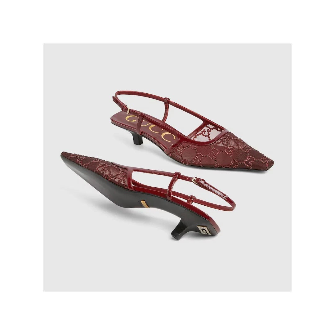 GUCCI CRYSTAL GG MONOGRAM SLINGBACK PUMPS BURGUNDY & RED