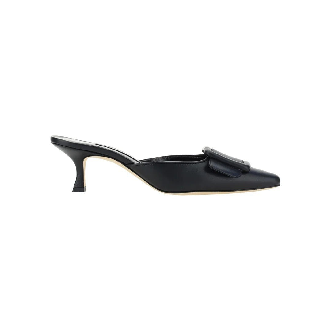 MANOLO BLAHNIK MAYSALE BUCKLED LEATHER-TRIMMED WOOL POINT-TOE FLATS BLACK
