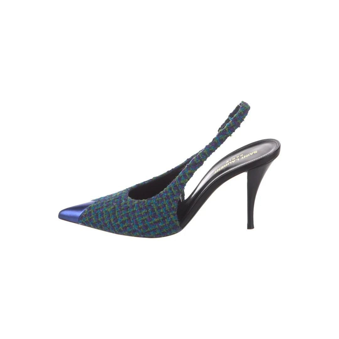 SAINT LAURENT SLINGBACK WEDGE PUMPS GREEN & BLUE TWEED