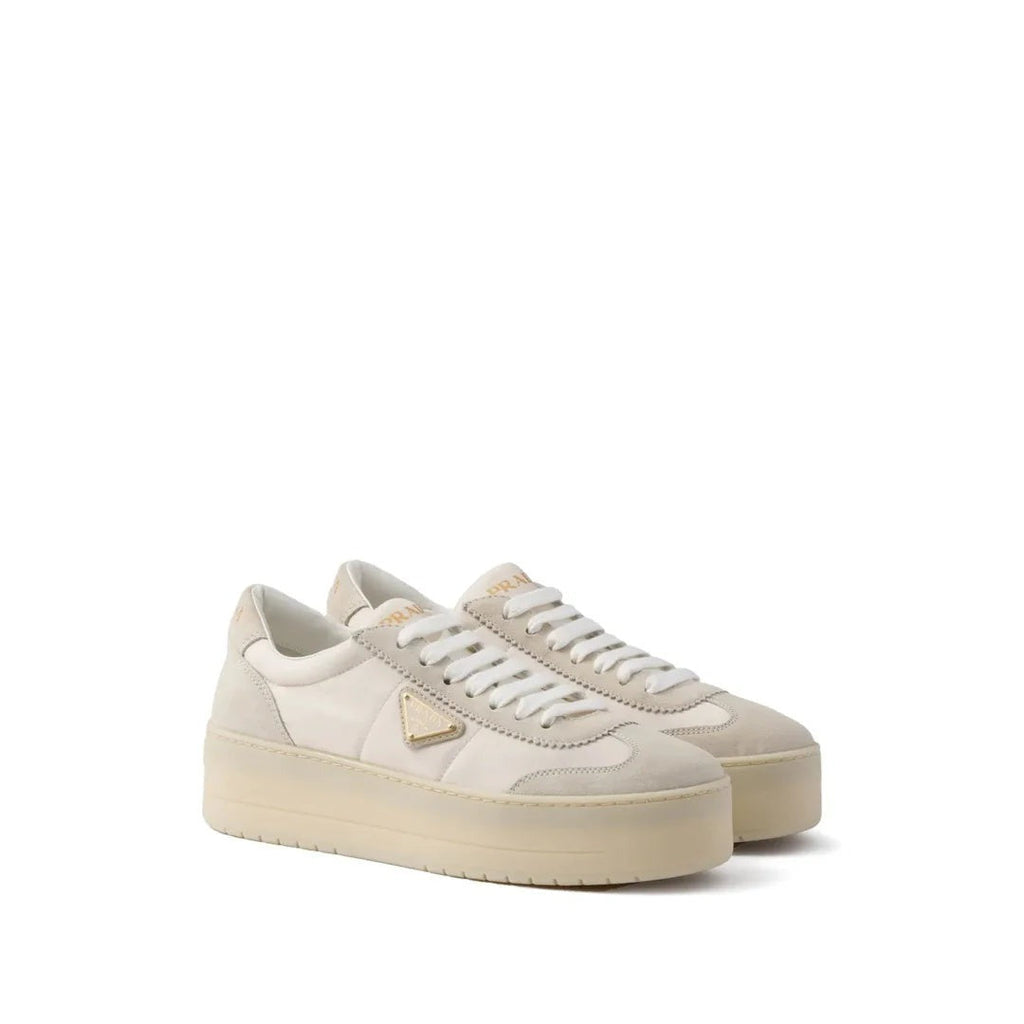 PRADA NYLON AND SUEDE LOW-TOP SNEAKERS CREAM & BEIGE