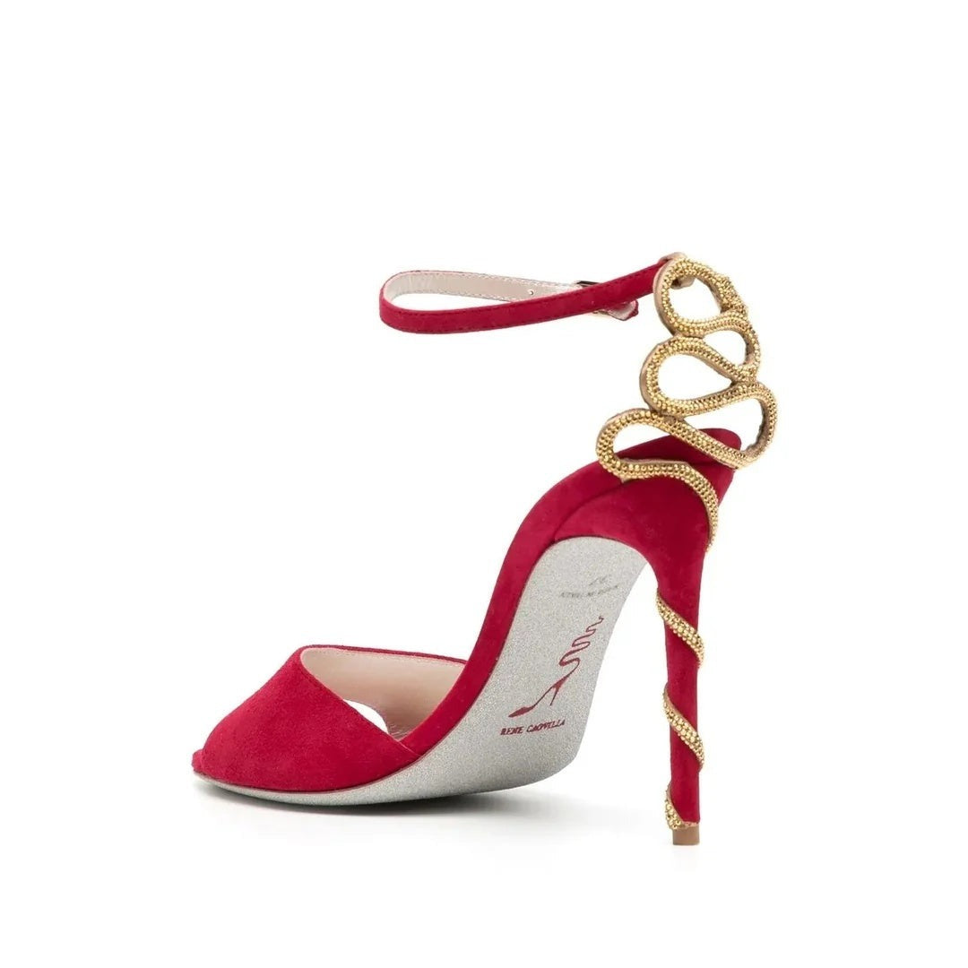 RENÉ CAOVILLA 100MM CLEO FLOWER-EMBELLISHED LEATHER SANDAL RED