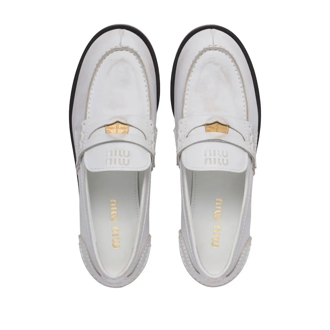 MIU MIU COGNAC WOVEN LEATHER PENNY LOAFERS WHITE