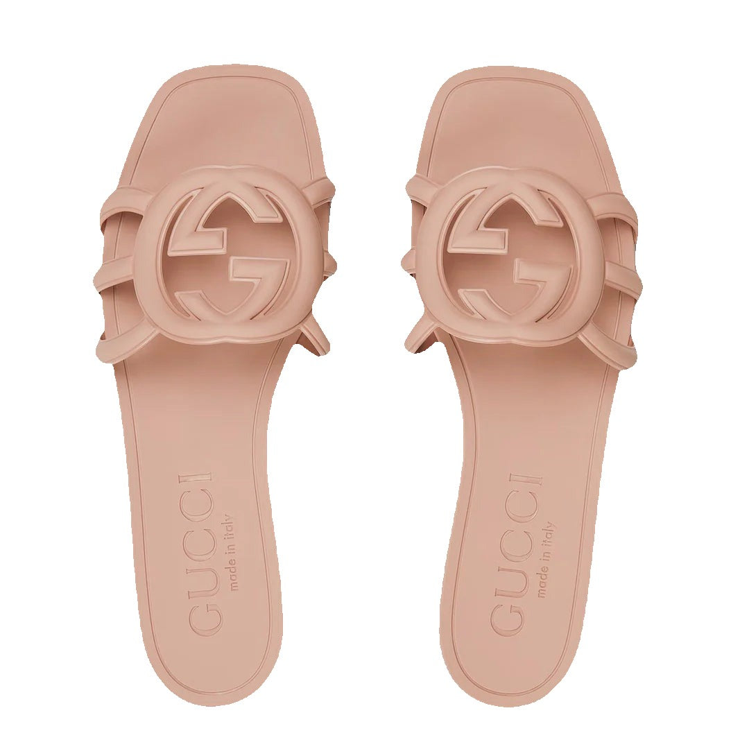 GUCCI RUBBER WEB INTERLOCKING G SLIDE SANDALS BLACK GREEN PINK