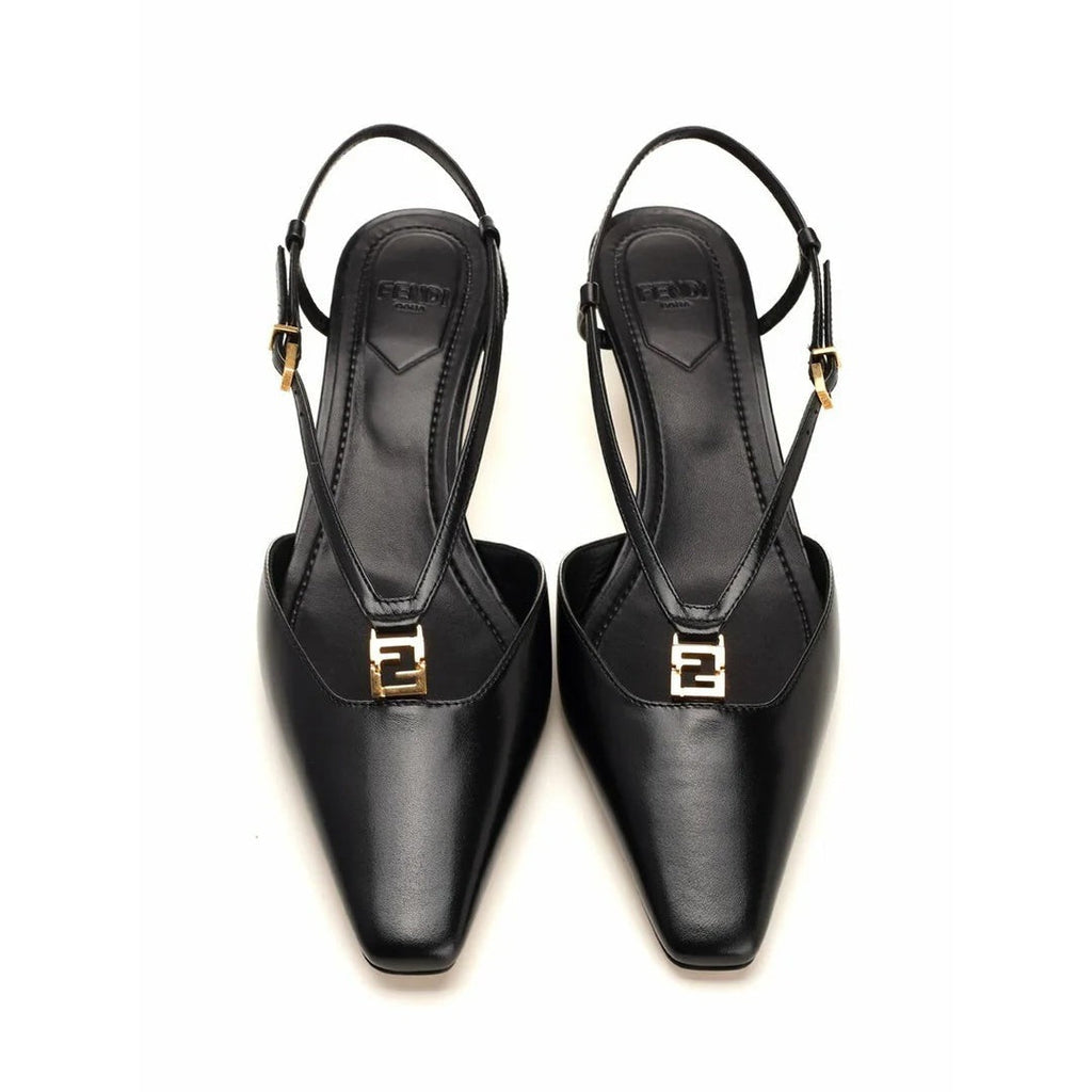 FENDI FFOLD PANELED LEATHER SLINGBACK FLATS BLACK