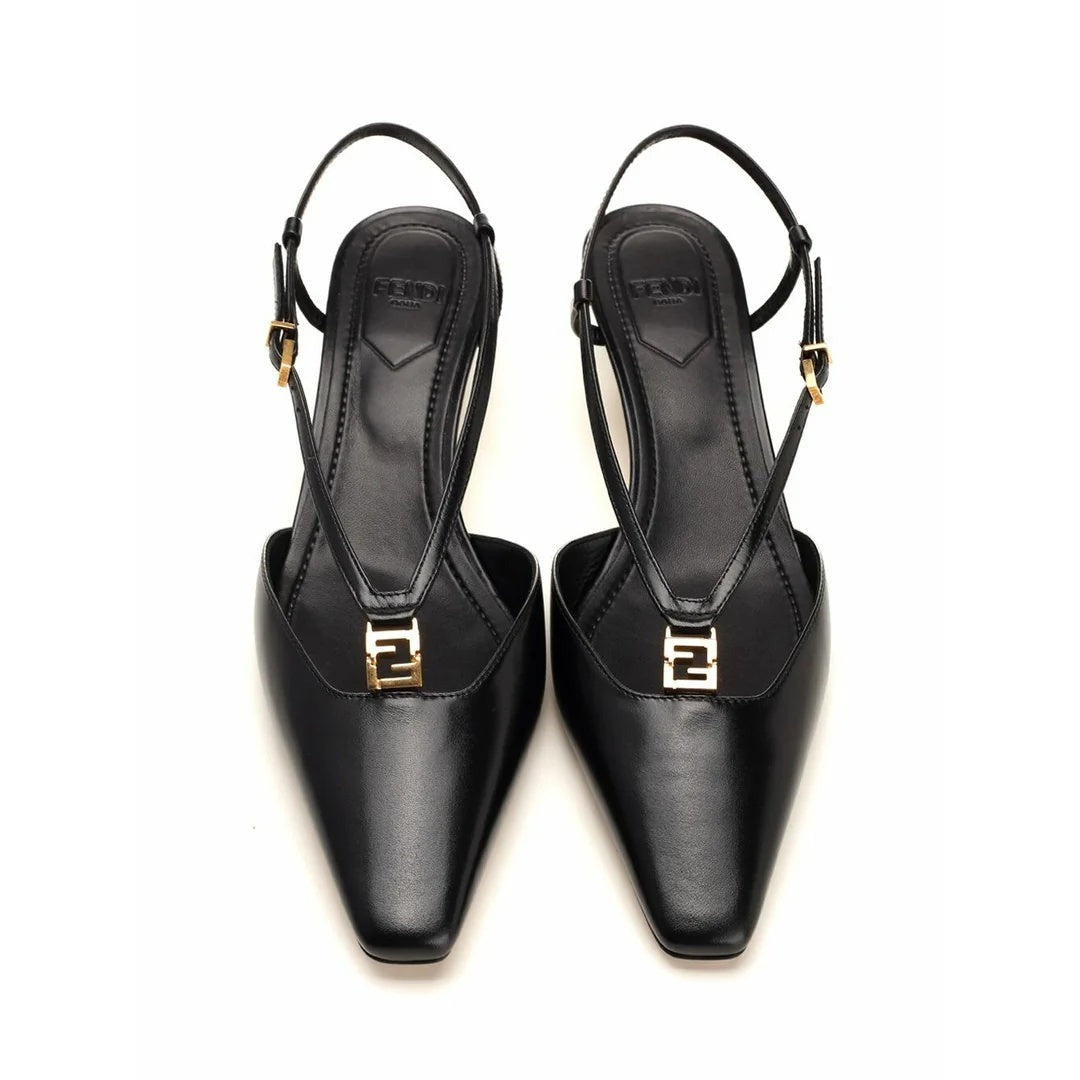 FENDI FFOLD PANELED LEATHER SLINGBACK FLATS BLACK