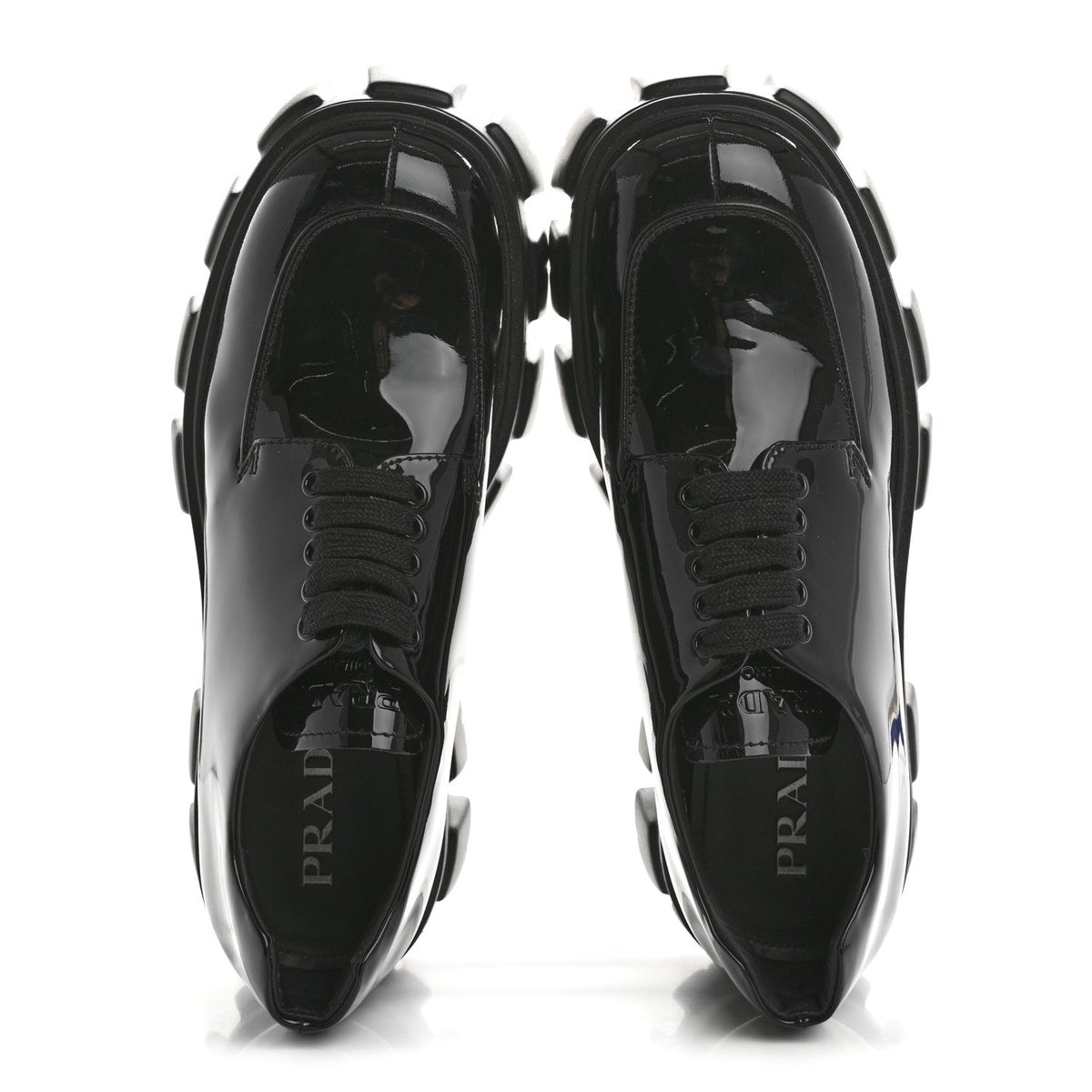 PRADA MONOLITH DERBY LOAFERS BLACK PATENT BLACK