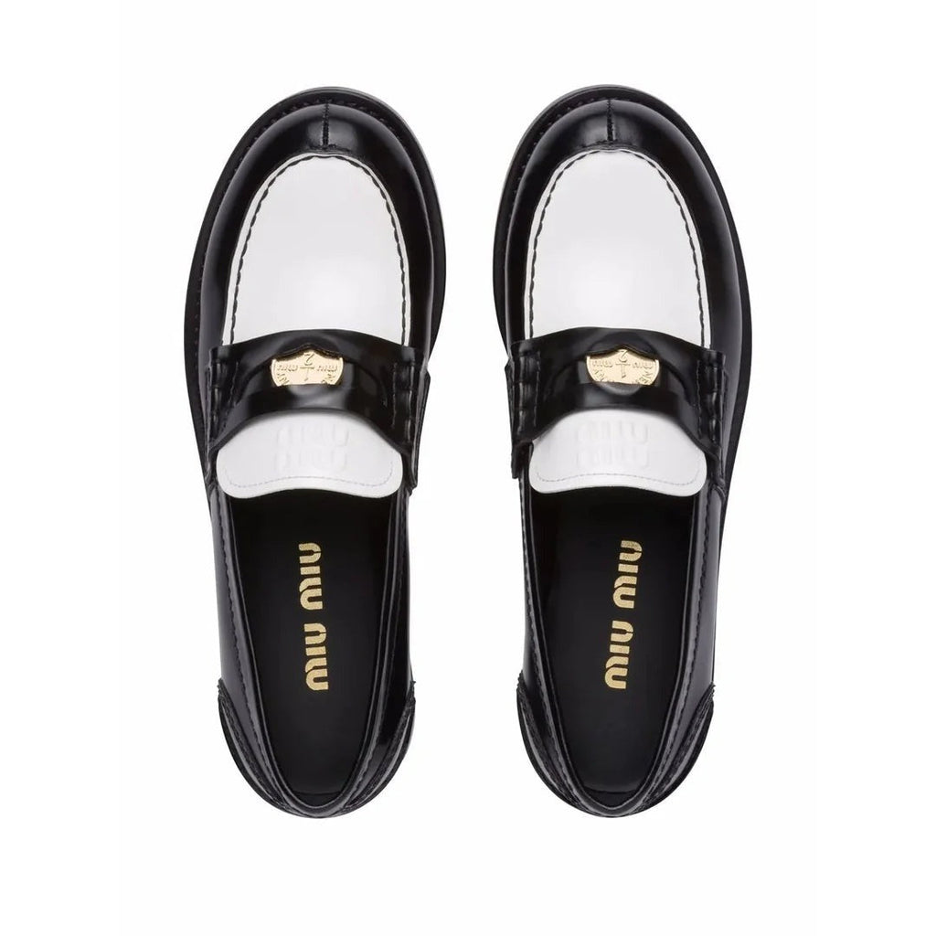 MIU MIU COGNAC WOVEN LEATHER PENNY LOAFERS BLACK AND WHITE