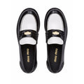 MIU MIU COGNAC WOVEN LEATHER PENNY LOAFERS BLACK AND WHITE
