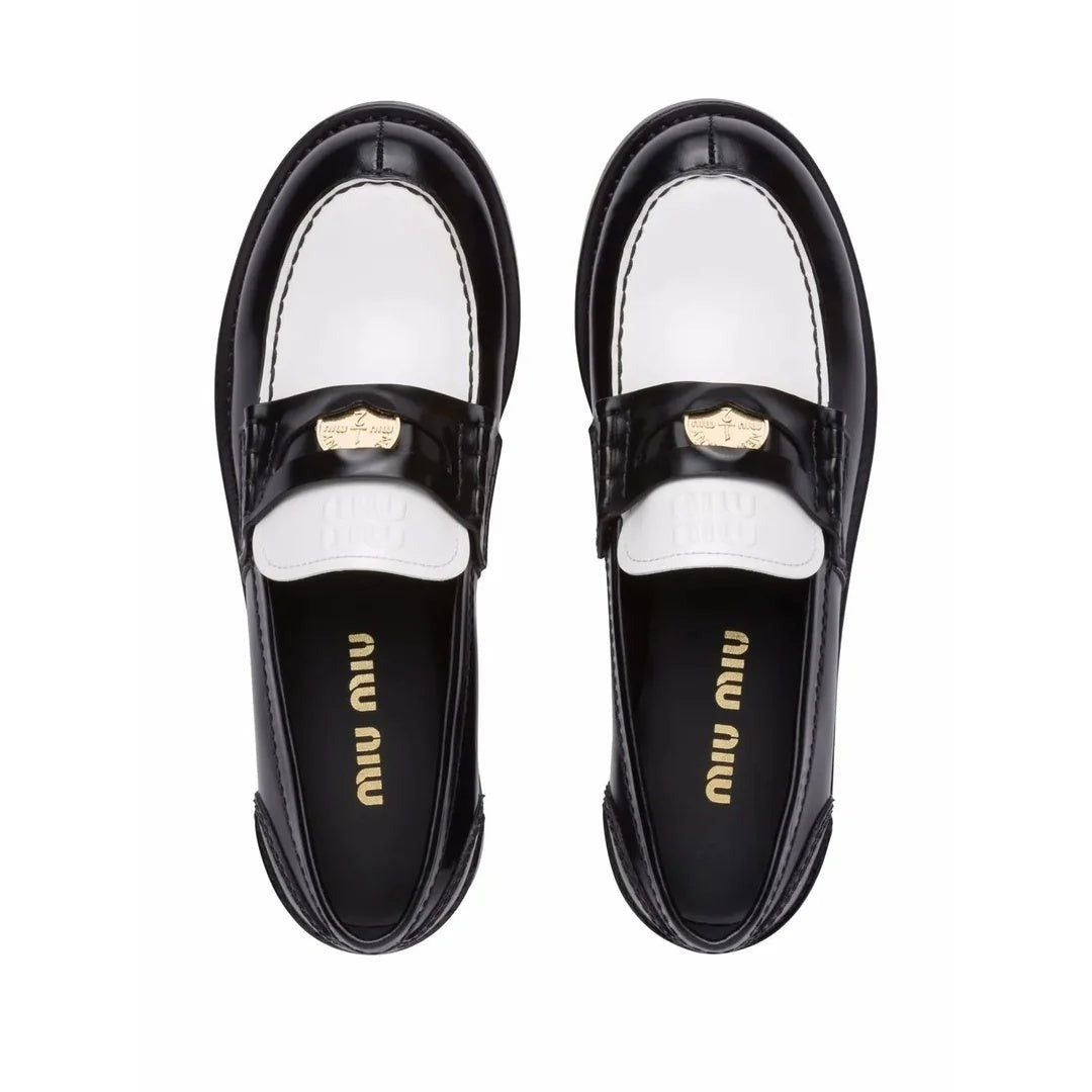 MIU MIU COGNAC WOVEN LEATHER PENNY LOAFERS BLACK AND WHITE