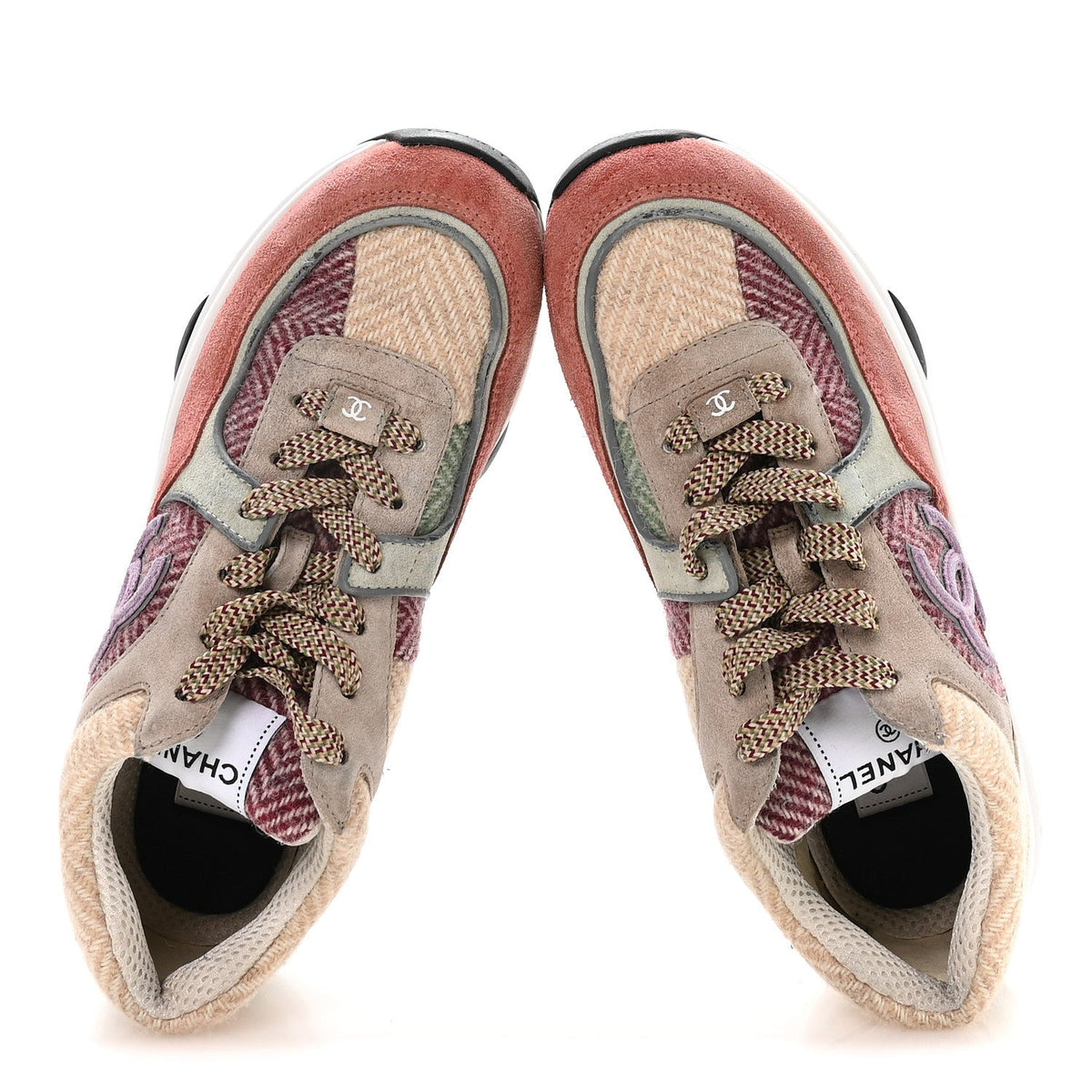 CHANEL FABRIC SUEDE CALFSKIN CC SNEAKERS PINK BEIGE WHITE & MULTICOLOR RAINBOW
