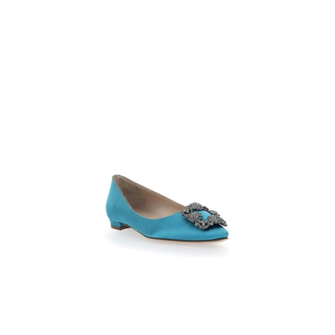 MANOLO BLAHNIK HANGISI SATIN BALLERINAS TEAL