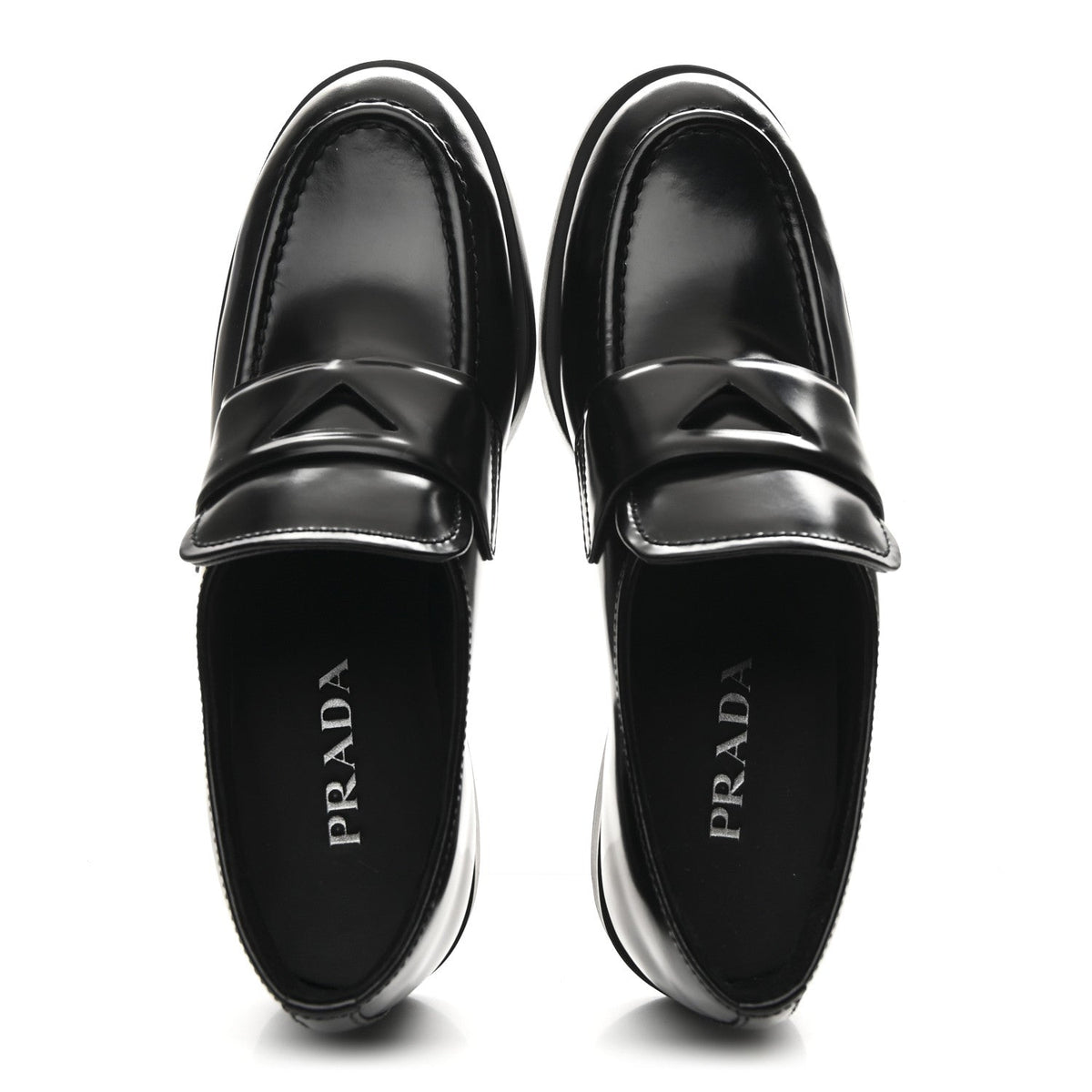 PRADA SPAZZOLATO TRIANGLE LOGO MONOLITH POINTY LOAFERS BLACK