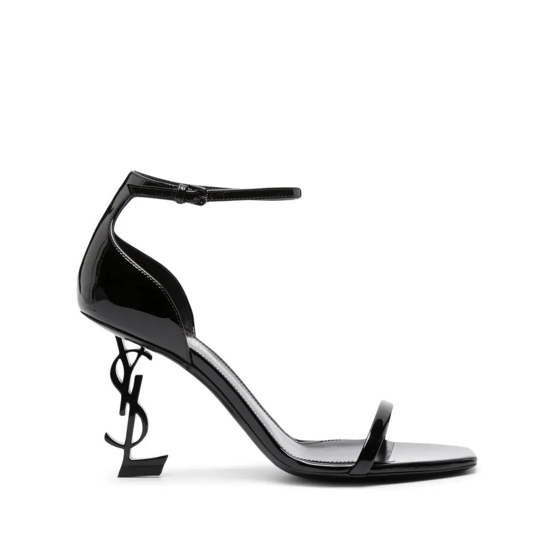 SAINT LAURENT OPYUM PATENT LEATHER SANDALS BLACK WITH BLACK HEEL LOGO