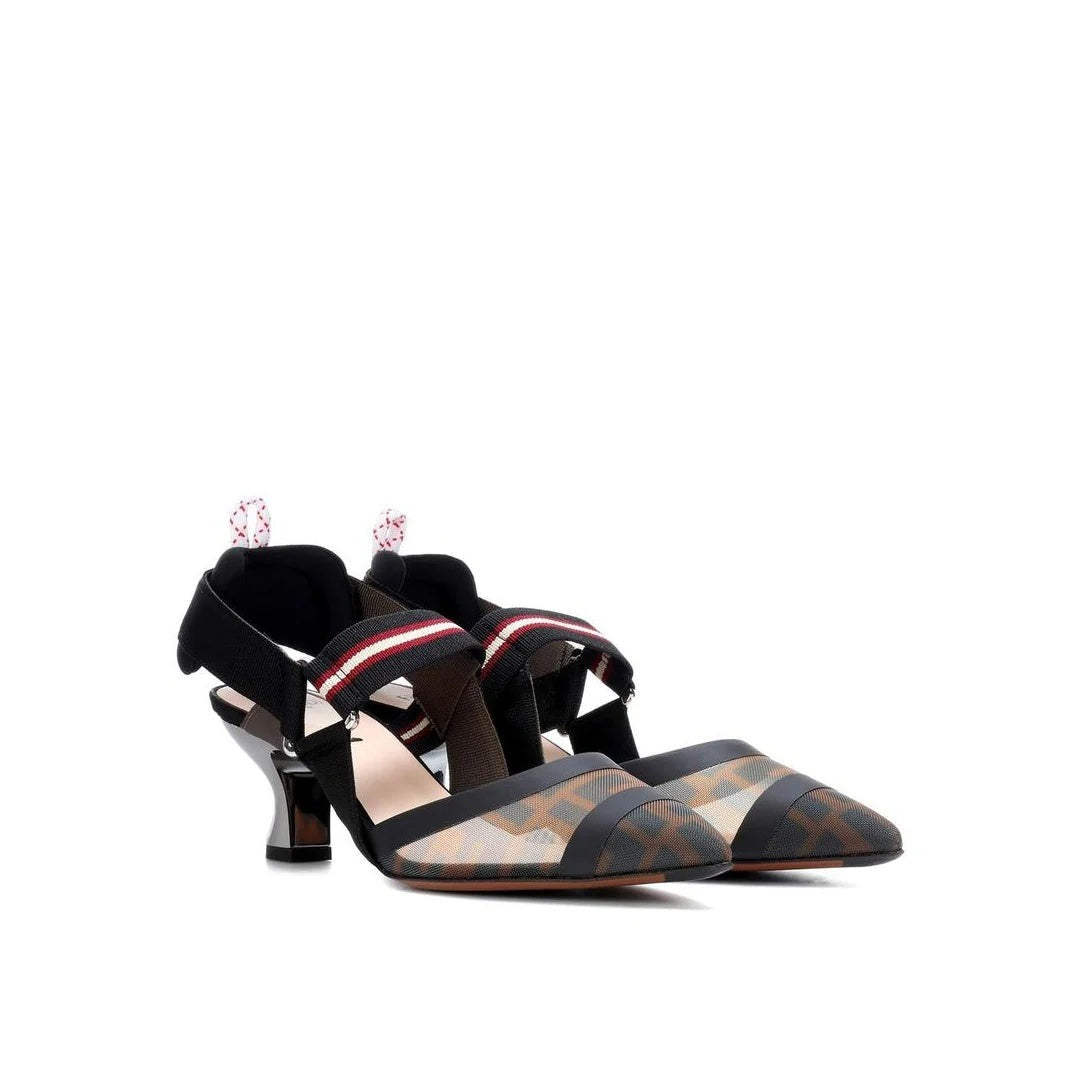 FENDI COLIBRÌ EMBROIDERED MESH SLINGBACK PUMPS BLACK & BROWN