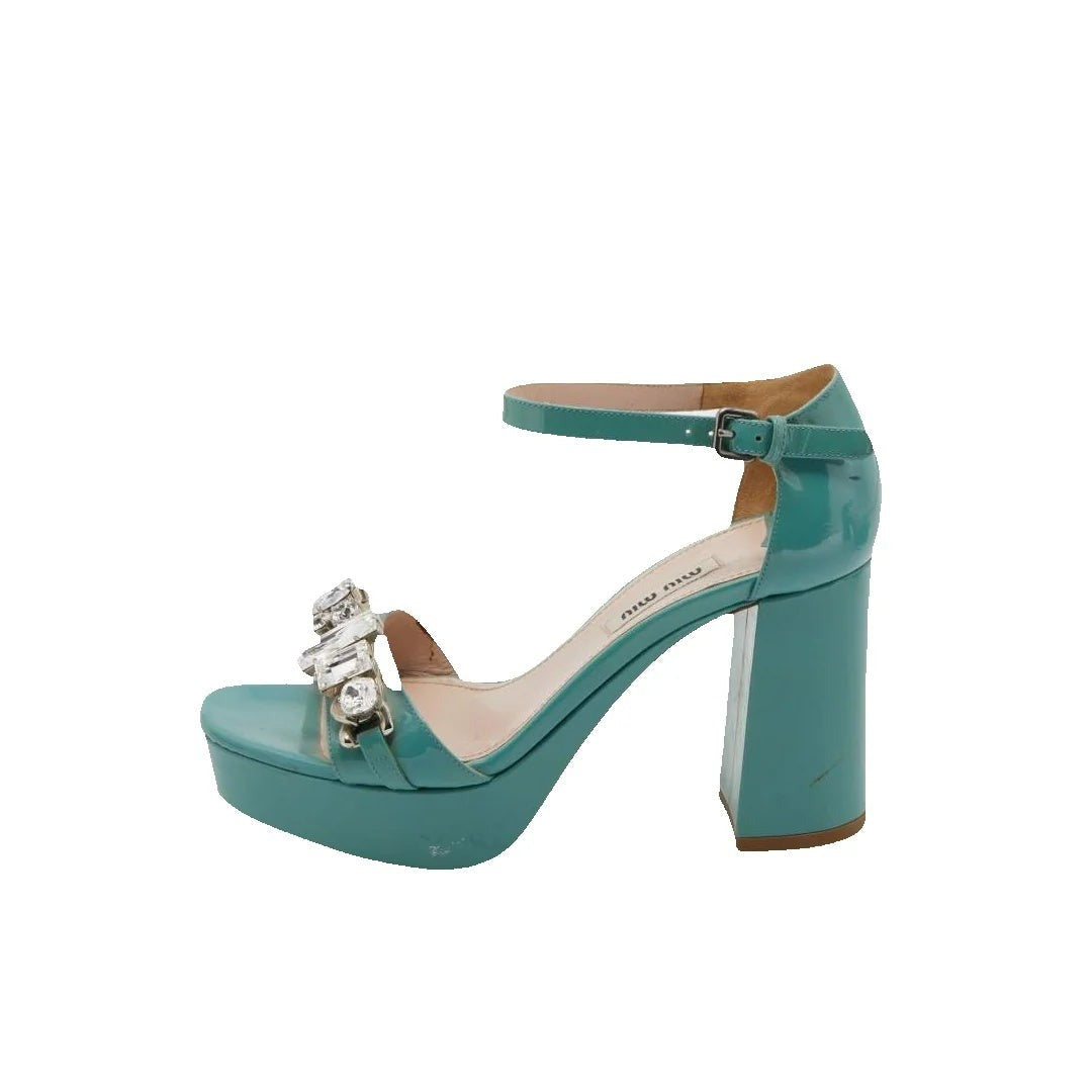 MIU MIU PATENT CRYSTAL EMBELLISHED ANKLE STRAP SANDAL TEAL