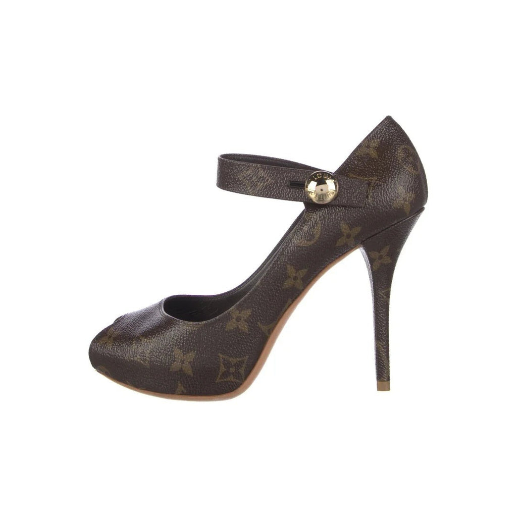 LOUIS VUITTON SATIN CRYSTAL LOGO PUMPS BROWN MONOGRAM