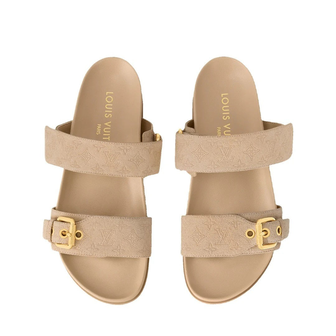 LOUIS VUITTON MONOGRAM DENIM BOM DIA FLAT MULE SANDAL BEIGE