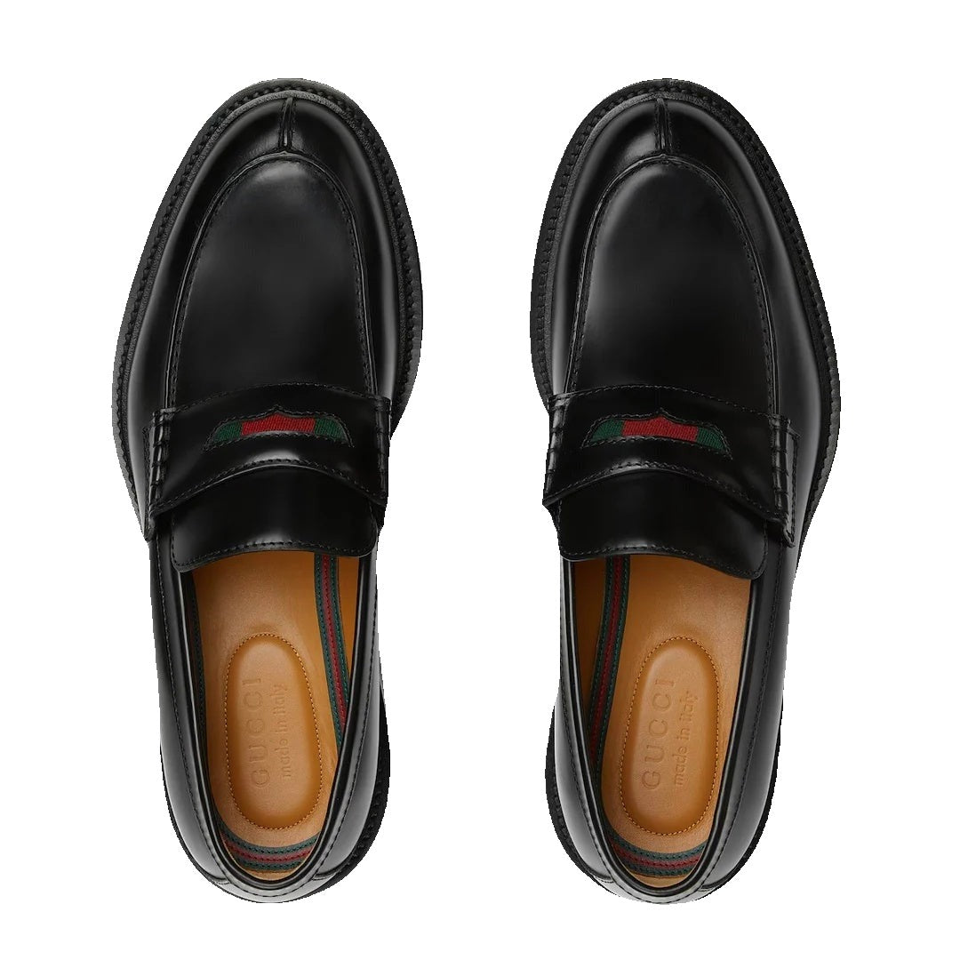 GUCCI COMO LOAFER, LEATHER BLACK WITH WEB DETAIL