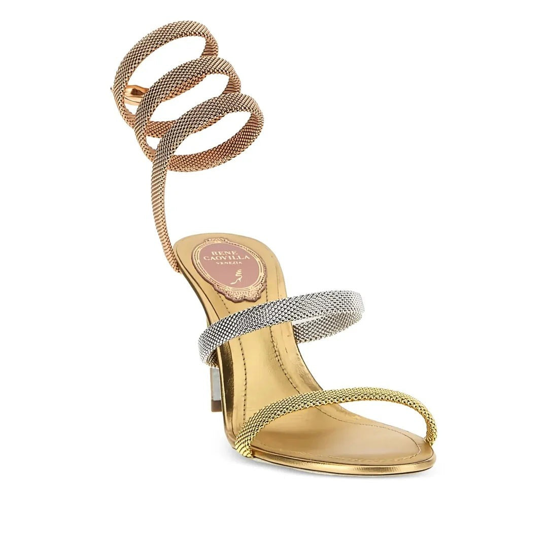 RENÉ CAOVILLA CLEO POWDER STRASS SPIRAL SANDAL GOLD