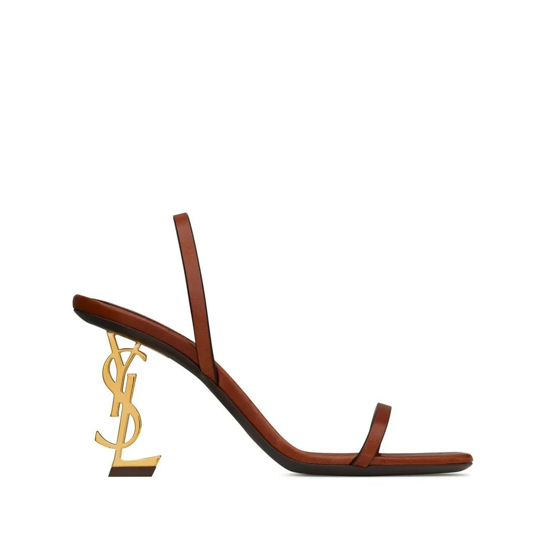 SAINT LAURENT OPYUM SCULPTURAL LOGO-HEEL SATIN SANDALS BROWN & TAN