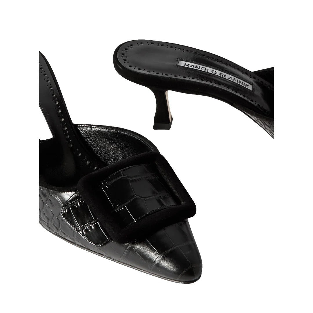 MANOLO BLAHNIK MOREMU EMBROIDERED LEATHER MULES BROWN & BLACK