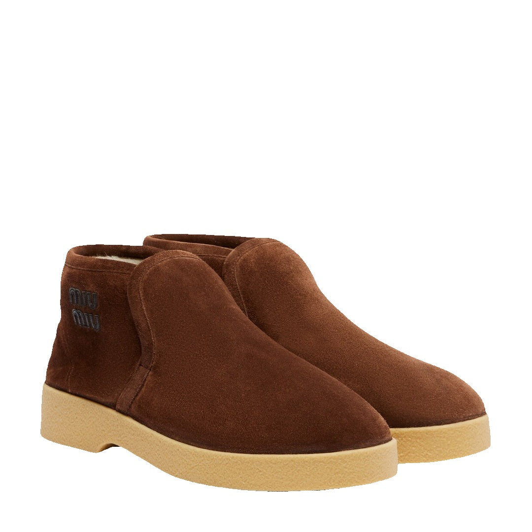 MIU MIU SHEARLING SUEDE ANKLE BOOT DESERTO BROWN