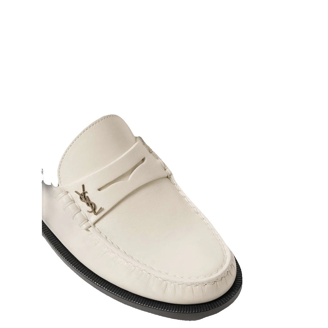 SAINT LAURENT LOGO-PLAQUE LEATHER LOAFERS WHITE