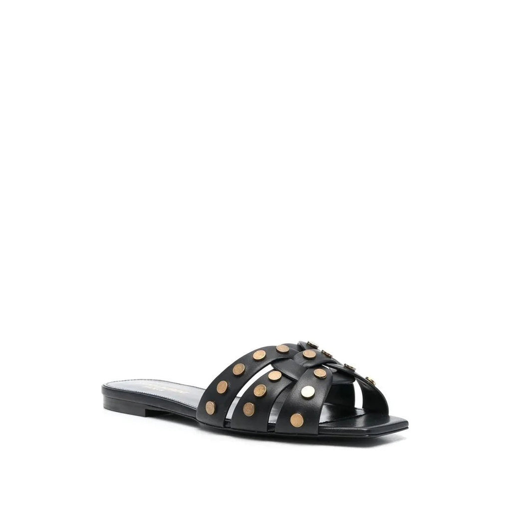 SAINT LAURENT TRIBUTE FLAT SANDALS BLACK (STUDDED)