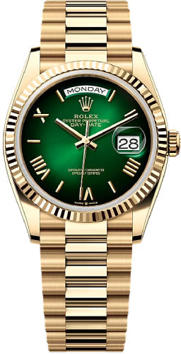rolex-day-date-36-36mm-green-ombre-dial-fluted-bezel-president-bracelet-128238-new-2024-model
