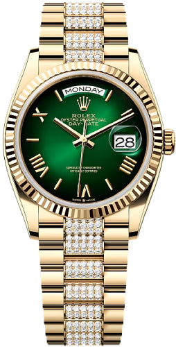 rolex-day-date-36-36mm-green-ombre-dial-fluted-bezel-with-diamond-set-president-bracelet-128238-new-2024-model